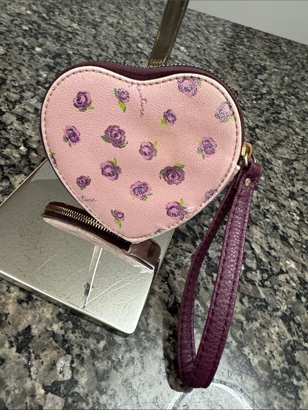 Juicy Couture Pink Floral Heart Wristlet with Purple Strap
